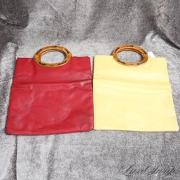 LOT OF 2 ANONYMOUS WHIMSICAL AND FUN RED AND YELLOW LEATHER BAMBOO HANDLED GUCCI ESQUE FLAT HANDBAGS