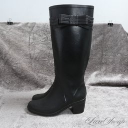 #18 APRIL SHOWERS! SUPER COOL KATE SPADE BLACK RUBBER AND PINK LINED SMALL HEEL RAIN BOOTS 7