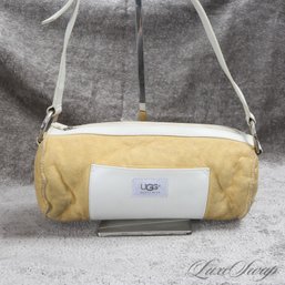 THIS IS A GOOD ONE! UGG AUSTRALIA BLONDE SUEDE / WHITE LEATHER FULL SHEEPSKIN SHEARLING LINED BARREL BAG