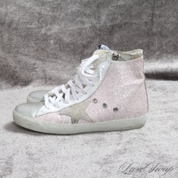 #21 THESE ARE INSANE! NEAR MINT GOLDEN GOOSE DELUXE BRAND 'FRANCY' PINK GLITTER SPARKLE HIGH TOP SNEAKERS 36