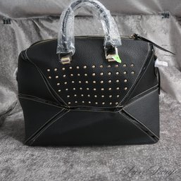 BRAND NEW WITH TAGS MELLOW WORLD BLACK GRAINED LEATHERETTE STUDDED LARGE SATCHEL BAG