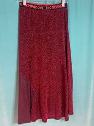 New Without Tags NicoPanda Red And Burgundy Lurex Maxi Skirt With Orange Logo  Elastic Waist Band Size S