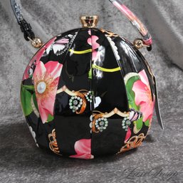 THIS IS SO COOL! BRAND NEW WITH TAGS LE MIEL BLACK/PINK MULTI PRINT PATENT SOCCER BALL SHAPED UNIQUE HANDBAG