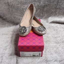 #6 NEAR MINT IN BOX TORY BURCH 'REVA' NATURAL COBRA SNAKESKIN PRINT MONOGRAM PLAQUE BALLET FLAT SHOES 7