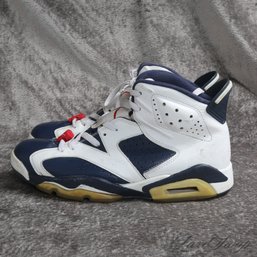 RARE AND EXTREMELY EXPENSIVE MENS NIKE AIR JORDAN RETRO 6 384664-130 OLYMPIC WHITE/NAVY SNEAKERS 9.5