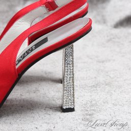 #7 THE HEELS OMG! NEAR MINT IN BOX STUART WEITZMAN 'RISQUE' LIPSTICK RED CREPE FULL CRYSTAL HEEL SLINGBACKS 8