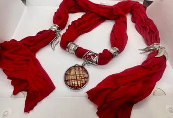 New Without Tags Red  Viscose Jeweled Necklace Scarf