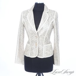 HIGHLY ORNATE RUNWAY PEARLIZED BEIGE LASER CUT FLORET MEDALLION LIGHTWEIGHT LEATHER JACKET XS