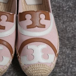MINT IN BOX 1X WORN TORY BURCH SHELL PINK HOPSACK CANVAS LEATHER SPLIT MAXI MONOGRAM ESPADRILLES SHOES 7.5