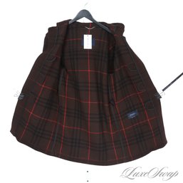 THE ONE EVERYONE WANTS! BURBERRY MADE IN ENGLAND CHOCOLATE BROWN TARTAN LINED HOODED DUFFLE COAT FITS ABOUT L