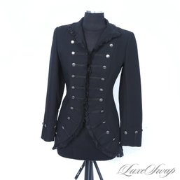 VICTORIAN ROMANCE : CLAUDE VERNET BLACK DRY TEXTURE CREPE CHIFFON TRIM MILITARISTIC COAT 2