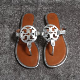 THE ONES EVERYONE WANTS! TORY BURCH SILVER LAME LEATHER BIG MONOGRAM COIN SANDALS 10