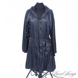 ADORE THIS! NEAR MINT EILEEN FISHER BLACK UNLINED SLICKER CINCHWAIST HOODED LONG RAIN JACKET XL