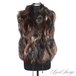 NEAR MINT AND RECENT GENUINE FOX FUR PIECE DYED MOTTLED DRAWSTRING HEM CHUBBY VEST GREECE L