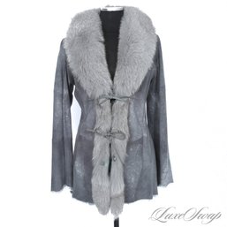 BRAND NEW WITH TAGS MADE IN ITALY BLUED GREY DISTRESSED SUEDED LEATHER FUR LINED FOX FUR COLLAR COAT 46 EU