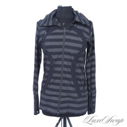 THE ONE EVERYONE WANTS! LULUEMON WOMENS GREY AND BLACK BLOCK STRIPE HUGE LOGO STRETCH ZIP JACKET