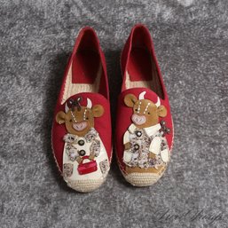 THE ONES EVERYONE WANTS! NEAR MINT WITHOUT BOX RED CANVAS WHIMSICAL COW PATCHWORK ESPADRILLE SHOES 7.5