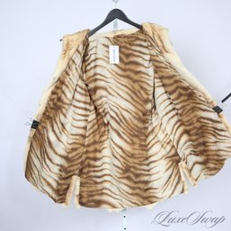 EXCEPTIONAL AND NEAR MINT CREAM MOTTLED SHEARED SOFT GENUINE FUR UNSTRUCTURED HOODED TIGER STRIPE LINED COAT