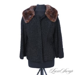 #1E VINTAGE FELDMAN BROTHERS BLACK ASTRAKHAN PERSIAN LAMB BROWN MINK COLLAR GENUINE FUR COAT