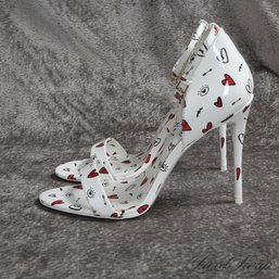SO FUN AND FRESH! NEAR MINT 1X WORN ALDO WHITE PATENT ALLOVER HEART AND ARROW PRINT STRAPPY SANDALS SHOES 10