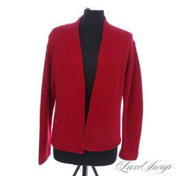 SOFT AND SUMPTUOUS EILEEN FISHER PURE MERINO WOOL RUBY RED BASKETWEAVE KNIT CARDIGAN JACKET M