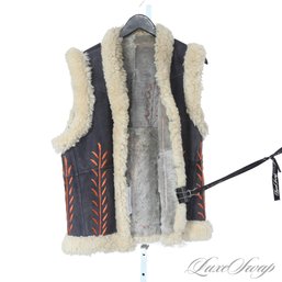 #4 NEAR MINT AND FANTASTIC BLUED GREY SUEDE ORANGE EMBROIDERED FULL SHEEPSKIN SHEARLING BOHO VEST FITS ABOUT L