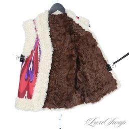 #9 NEAR MINT AND FANTASTIC RED / PURPLE IKAT FULL SHEARLING FUR REVERSIBLE BOHO VEST FITS ABOUT L