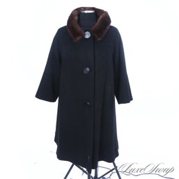 #6E ETERNAL ELEGANCE! VINTAGE ANONYMOUS BLACK FLANNEL UNSTRUCTURED BROWN MINK COLLAR COAT