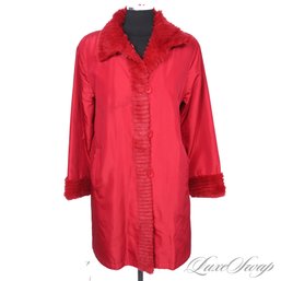 BRAND NEW WITHOUT TAGS RUBY RED FULL GENUINE FUR RIBBED SHEARED TAFFETA REVERSED LONG COAT M