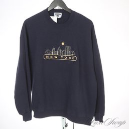 VINTAGE NORMCORE 90S LEE MADE IN USA NAVY BLUE NEW YORK SKYLINE EMBROIDERED TWIN TOWERS CREWNECK SWEATSHIRT XL