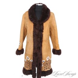 #1 BRAND NEW WITH TAGS HEAVYWEIGHT CAMEL FULL SHEEPSKIN SHEARLING FLORAL EMBROIDERED LONG COAT FITS ABOUT L