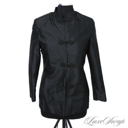 DECADENT! ANONYMOUS BUT BEAUTIFUL BLACK SILK SHANTUNG FEEL MANDARIN COLLAR CHINOSERIE JACKET FITS ABOUT A L