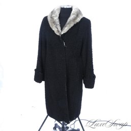 #9E INCREDIBLE VINTAGE BLACK ASTRAKHAN PERSIAN LAMB AND GREY GENUINE MINK FUR COLLAR LONG COAT