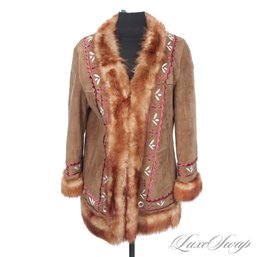 #2 NEAR MINT EXCEPTIONAL BROWN SUEDE FULL SHEEPSKIN SHEARLING WHITE/RASPBERRY EMBROIDERED COAT FITS ABOUT L