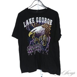 INCREDIBLE VINTAGE 1990S SPRINGHILL BLACK 'LAKE GEORGE BORN WILD' EAGLE AND THUNDER SINGLE STITCH TEE SHIRT