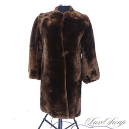 #10E EXCEPTIONAL VINTAGE NL KAPLAN RUSSET FIRE BROWN MOTTLED GENUINE SHEARLING FUR COLLARLESS LONG COAT