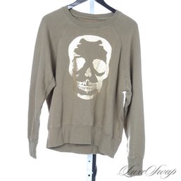 ZADIG AND VOLTAIRE OLIVE GREEN RINGSPUN GOLD FOIL CRACKLED SKULL PRINT CREWNECK OVERSIZED SWEATSHIRT S