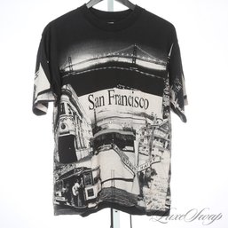 TRUE VINTAGE 1980S 1990S ALLSPORT MADE IN USA 'AOP' ALL OVER PRINT BLACK SAN FRANCISCO GRAPHIC TEE SHIRT L