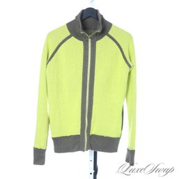 UNCOMMON AND AWESOME WOMENS REVERSIBLE LULULEMON HIGHLIGHTER GREEN HI-VIZ GREY TRIM KNIT CARDIGAN JACKET