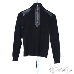 THE ALL TIME CLASSICS! WOMENS RALPH LAUREN BLACK KNITTED AND NAPPA LEATHER SHOUDER 1/2 ZIP SWEATER XS