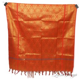 BRAND NEW WITHOUT TAGS HIGH INTENSITY CLEMENTINE ORANGE / GOLD METALLIC JACQUARD BROCADE SHAWL WRAP SCARF