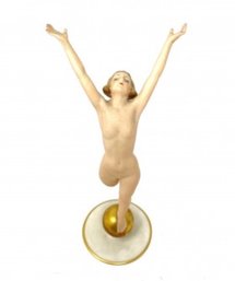 VERY EXPENSIVE & RARE KARL TUTTER FOR HUTSCHENREUTHER GERMANY PORCELAIN ART DECO 1930S NUDE WOMAN DANCING BALL