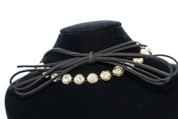 Suede Bow And Gold Crystal Chain Set