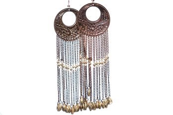 Brown Metal Textured Earrings With Chains