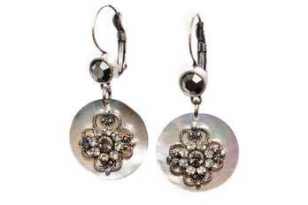 Mother Of Pearl Disk Drop Earrings With Crystal Embelleshments