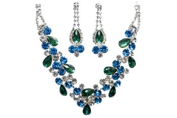 Blue And Green Crystal Earring And Necklace Set