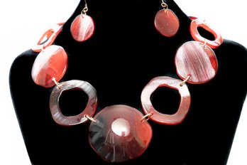 Red Plastic Agate Style Necklace And Earring Set