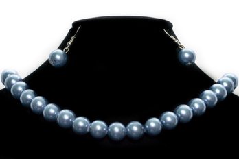 Blue Plastic Pearl Necklace And Earring Set