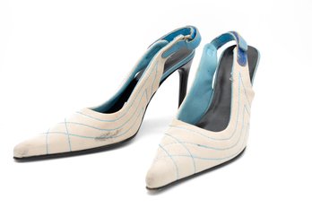Cream And Blue Pointed Toe Pumps Size 7 1/2