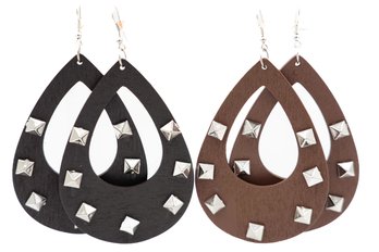 Set Of 2 Wooden Teardrop Studded Earrings